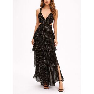 A.L.C. Lita Maxi Dress Women’s Size 2 Black Gold Cutout Tiered Evening Metallic